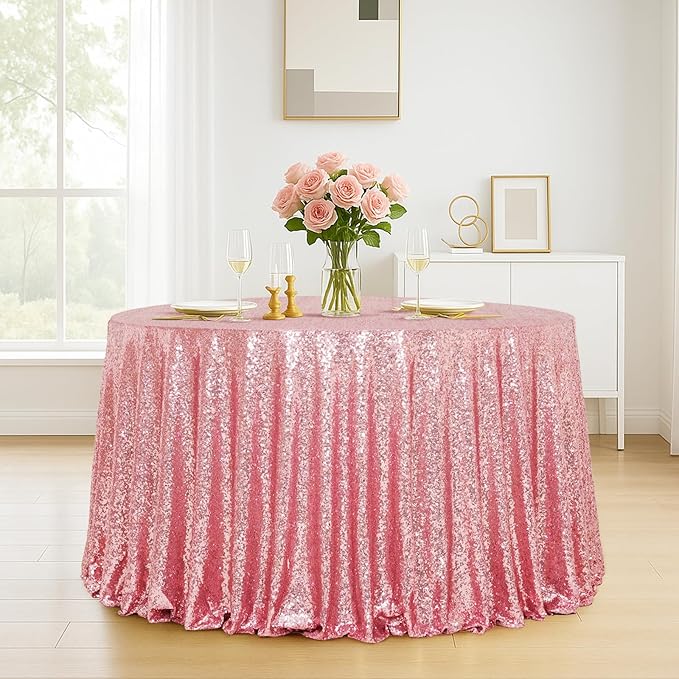 Eternal Beauty Fuchsia Pink Tablecloth, 120 Inch Round Sequin Tablecloth for Valentines Party Cake Dessert Table Exhibition Events
