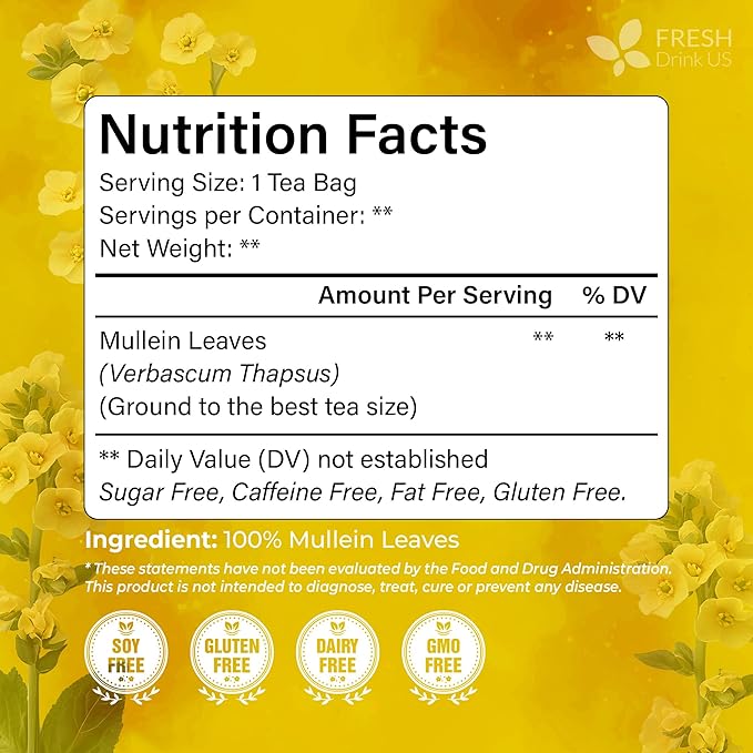 FreshDrinkUS, Premium 10 Mullein Leaf Tea Bags For Lungs, 100% Natural & Pure from Mullein Leaves. Loose Leaf Mullein Herbal Tea. Made with Natural Material Tea Bags. No Sugar, No Caffeine, No Gluten, Vegan.