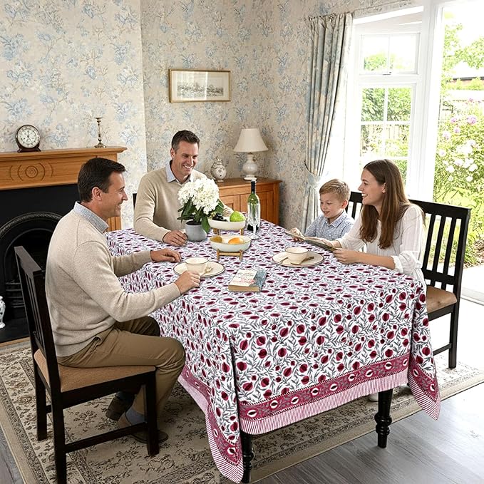 Ridhi Hand Block Print Sangria Red Rectangle Cotton Tablecloth 118" x 70" Reusable Table Cover Decorative Everyday Use for Dining, Farmhouse, Home Gift for Spring, Easter, Valentine