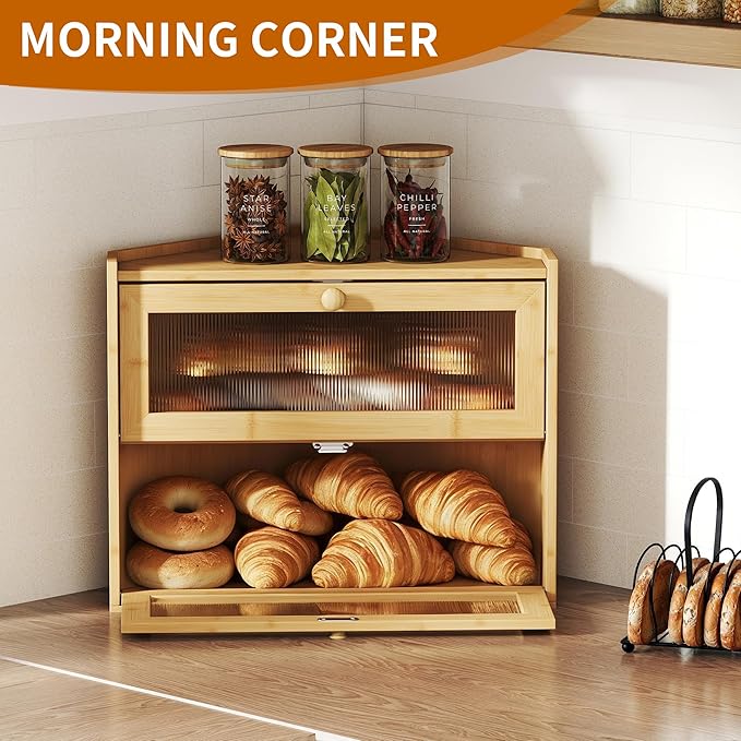 2 Tier Bread Box,Natural Bamboo Two Tier Bread Box with View Window, Handmade Sandwich Bread Keeper for Kitchen Countertop, Space Saving Storage Cabinet for Home Bakery in Corner Design
