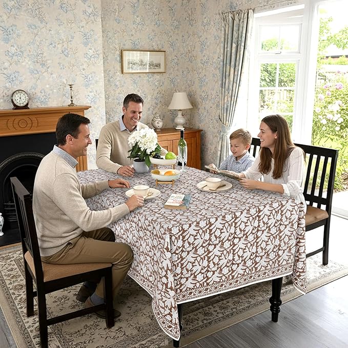 Ridhi Hand Block Print Oak Brown Rectangle Cotton Tablecloth 120" x 80" Reusable Table Cover Decorative Everyday Use for Dining, Farmhouse, Home Gift for Spring, Easter, Valentine