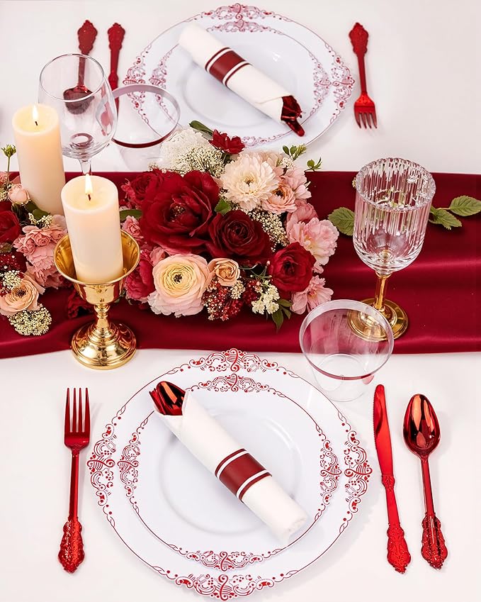 Nervure 350PCS Red Plastic Plates - White Red Plastic Dinnerware Set for 50 Guests - 100 Red Disposable Plates, 50 Pre Rolled Cutlery Set, 50 Cups Perfect for Wedding & Party & Valentine
