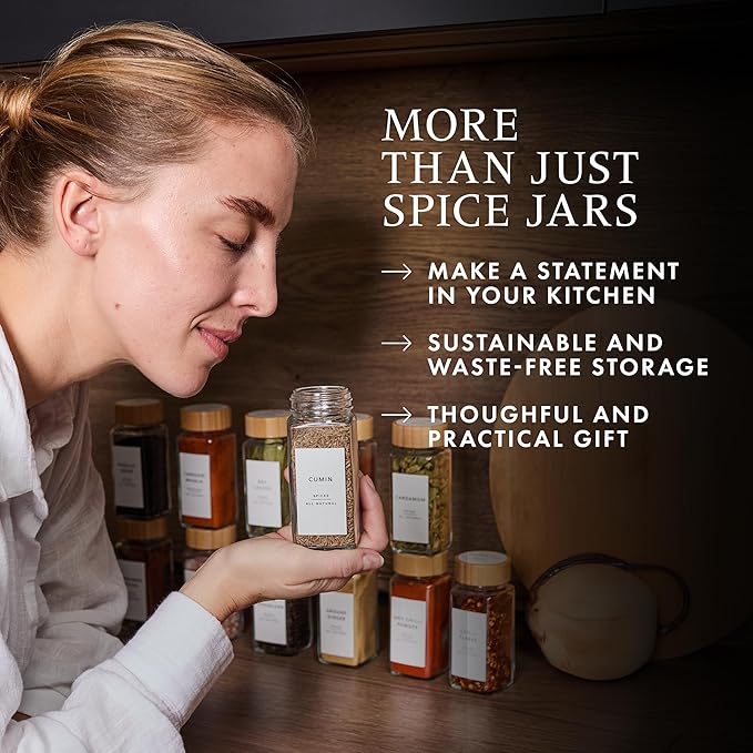 Glass Spice Jars with 360 Labels -24 pcs- 4oz- Spice Containers with Bamboo Lids -Shaker Lids- Pepper Grinder-Spice Organization for Cabinet-Drawer-Rack-Seasoning Organizer-Square bottles