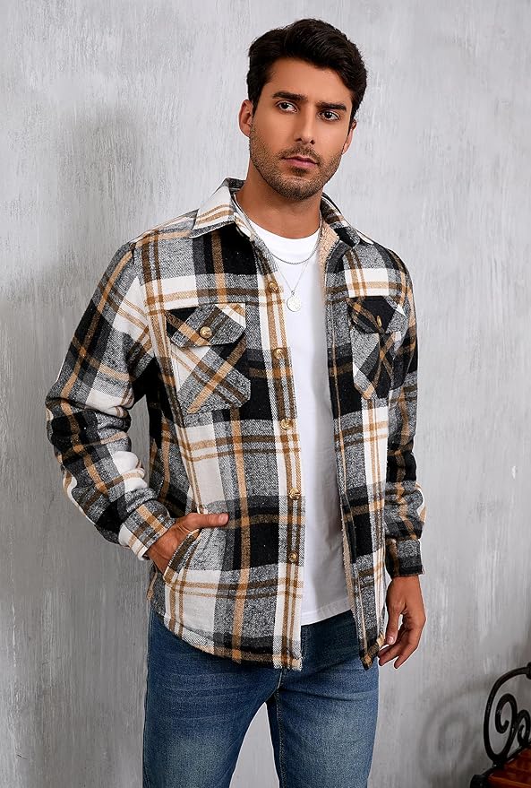 Men's Cotton Sherpa Lined Button Down Flannel Shirt Jacket Plaid Soft Outdoor Flannel Jacket Shirt