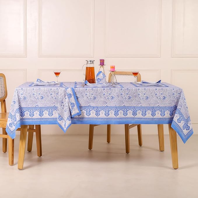 Hand Block Printed Table Cover - Exquisite Design, Premium Cotton Fabric, Perfect for Dining and Decor, Dining Table Linen(Arctic Blue,8 Seater 70 x 108 Inches Rectangle)