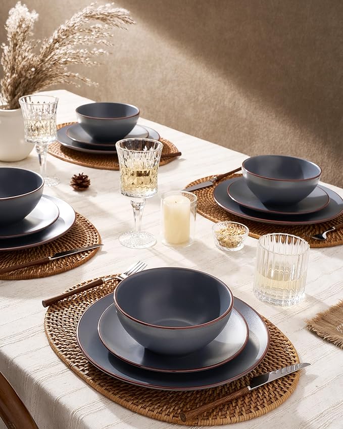 Famiware Venus Speckled Dinnerware Set with Pasta Bowls, Service for 4 (16 Pieces), Stoneware Plates and Double Bowls Sets, Microwave & Dishwasher-Safe Dishes with Trim, Matte Charcoal