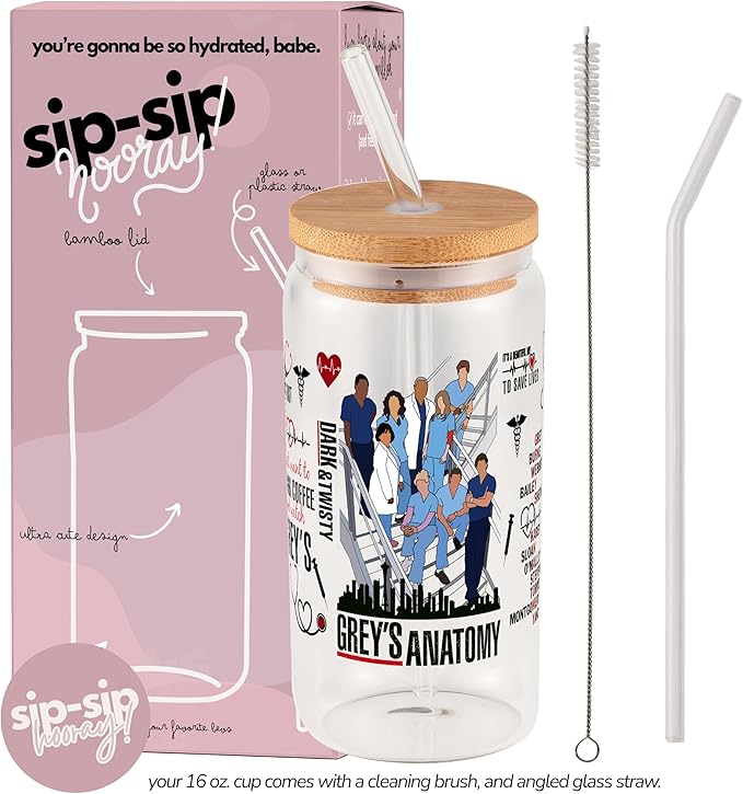 Sip-Sip Hooray! Greys Anatomy 16oz Glass Can Cup with Lid and Straw, Grey Sloan Quote Iced Coffee Tumbler, Dishwasher Safe Nurse Gift, Medical Student Glass Mug, Inspirational Drinkware for Women