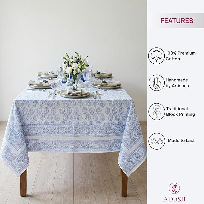 ATOSII Cotton Tablecloth Amalfi Blue 72" X 120" Inches Rectangle