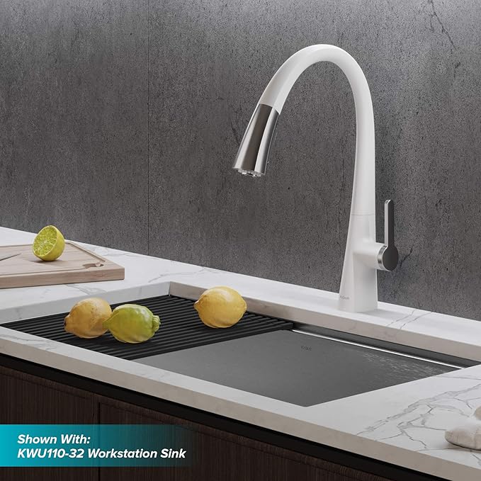 Kraus KPF-1673CHWH Nolen Dual Function Pull, Faucets for Kitchen Sinks, Single-Handle, 16 3/8 Inch, Matte White/Chrome