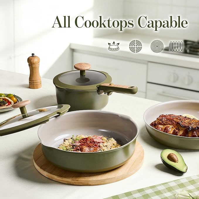CAROTE 18 Pcs Ceramic Cookware Set Detachable Handle, Non Toxic Pots and Pans Set Non Stick, Induction Kitchen Cookware Removable Handles, Oven Safe, Stackable RV/Camping Cooking Set, Green
