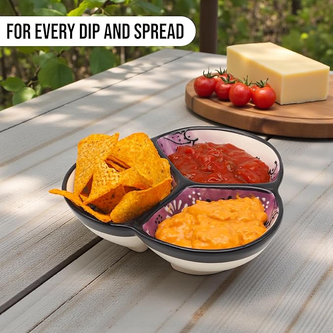 Ceramic Chip & Dip Bowl 7.5”, 3-Compartment Divided Serving Dish & Condiment Tray for Appetizers – Handmade in Spain, Lead-Free Glaze, Microwave, Oven & Dishwasher Safe