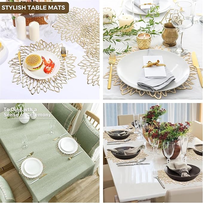 PVC Placemats and Coasters Set Round Leaf Place Mats Washable Heat Table Mats for Morden Kitchen Dining Table(Sliver,4 Set)