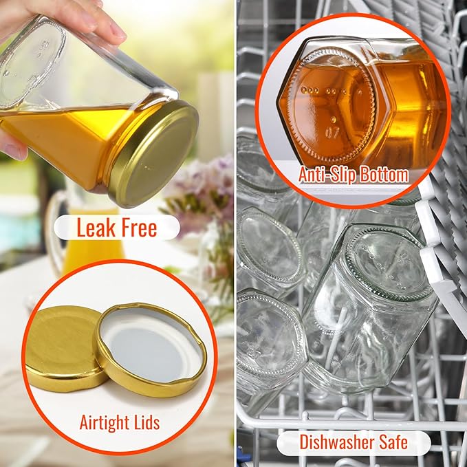 AuroTrends 9oz Honey Jars with Dipper 6Pack, 270ML Small Glass Jars with Lids -Small Canning Jars with Wooden Dippers/Bee Charms/Stickers/Jute Twine (9fl.oz-6Pack)