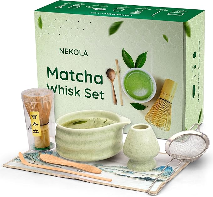 Matcha Whisk Set, Matcha Kit with Ceramic Matcha Bowl and Whisk, Japanese Matcha Set – 7 Piece Matcha Tea Set with Bamboo Chasen, Sifter, Scoop, Holder & Tea Towel, Christmas Gift for Matcha Lovers