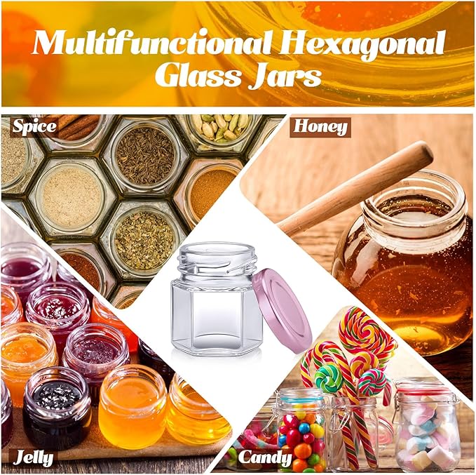 Nuogo 100 Pack 1.5oz Mini Hexagon Glass Jars Bulk for Wedding Small Honey Jars with Lids for Spice Canning Mason Gifts Candy Honey Wedding Party Favors DIY Crafts (Pink)