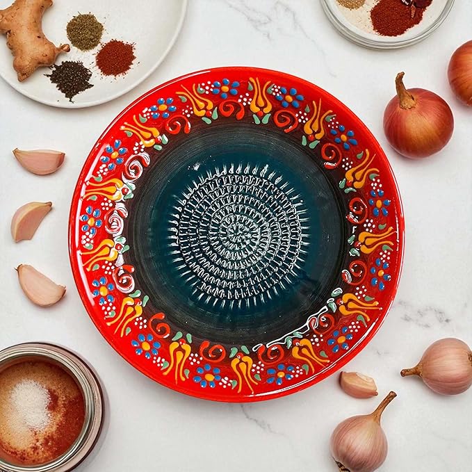 Ceramic Grater Bowl, Garlice Grater Plate, Handmade Ginger Grater, Mincer Bowl for Cheese &Vegetables, Ceramic Decorative Mincer, Hand Dish for Garlic (Sultan Red)