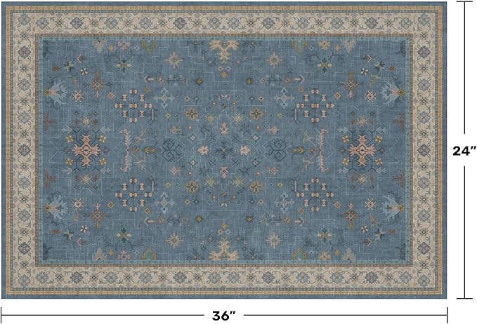 Blue 2x3 Washable Rug for Entryway Indoor, Kitchen Floor Waterproof, Bathroom, Powder Room, Non Slip Low Pile Stain & Fade Resistant, Modern Eclectic Floral Decor