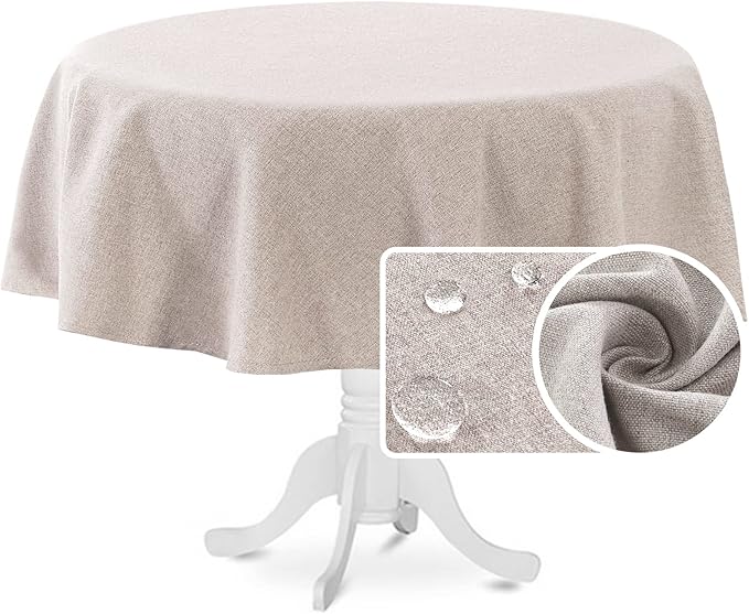 H.VERSAILTEX Linen Textured Tablecloth Round 70 inch Waterproof Decorative Table Cloth Spill-Proof Linen Look Cover for Party Table Extra Soft and Thick Fabric Wrinkle Free, Heather Sand