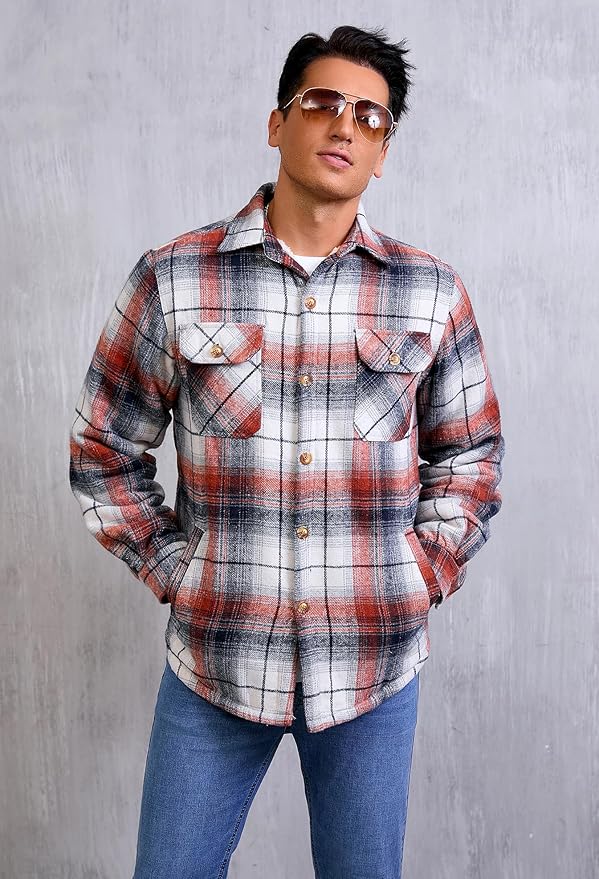 Men's Cotton Sherpa Lined Button Down Flannel Shirt Jacket Plaid Soft Outdoor Flannel Jacket Shirt