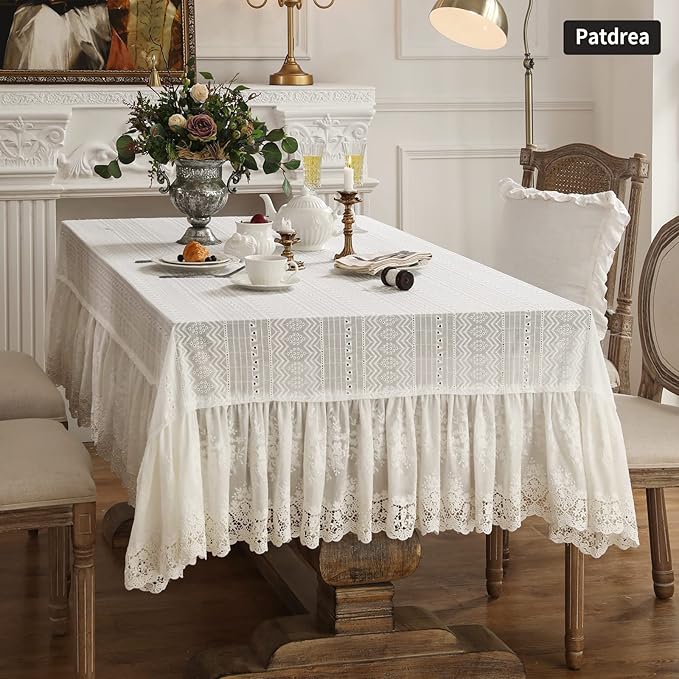 patdrea Vintage White Lace Tablecloth,Design Embroidered Cotton Ruffle Table Cloth for Rectangle Table,Elegant Rustic Fabric Decorations for Wedding Party Thanksgiving Christmas 55"*71"