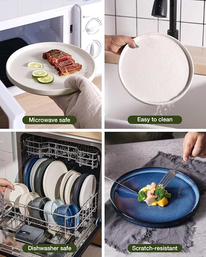 Famiware Star Dinnerware Set, Plates and Bowls Sets for 4 (12pcs), Ribbed Stoneware Dishes - Chip & Scratch Resistant, Microwave & Dishwasher Safe, Multicolor - Matte White & Matte Dark Charcoal