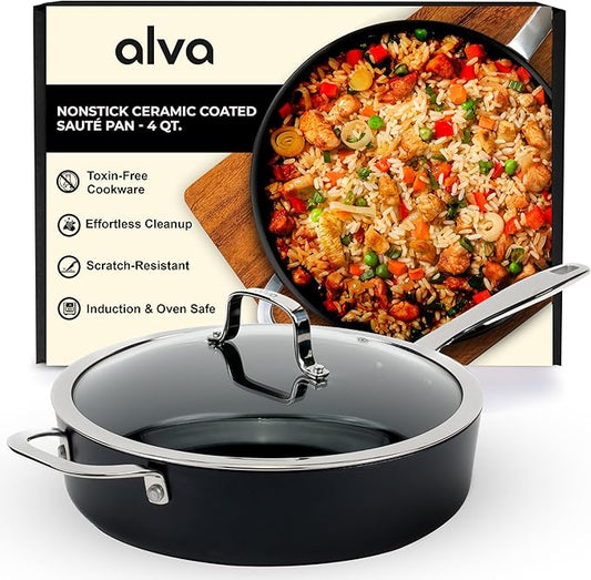 Alva Maestro Nonstick Ceramic Saute Pan with Glass Lid 4Qt. - Easy to Clean, Oven Safe and Made without PFAS, PFOA & PTFE - Induction and All Stovetop Compatible with Even Heat Distribution