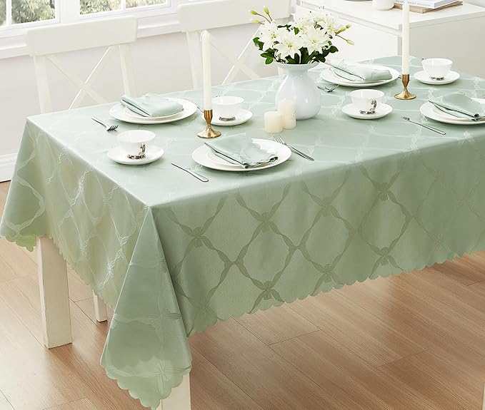 Newbridge Ribbons and Bows Damask Spring & Easter Holiday Fabric Tablecloth, Sage Green, 52 x 52 Inch Square, Wrinkle & Stain Resistant Table Cover