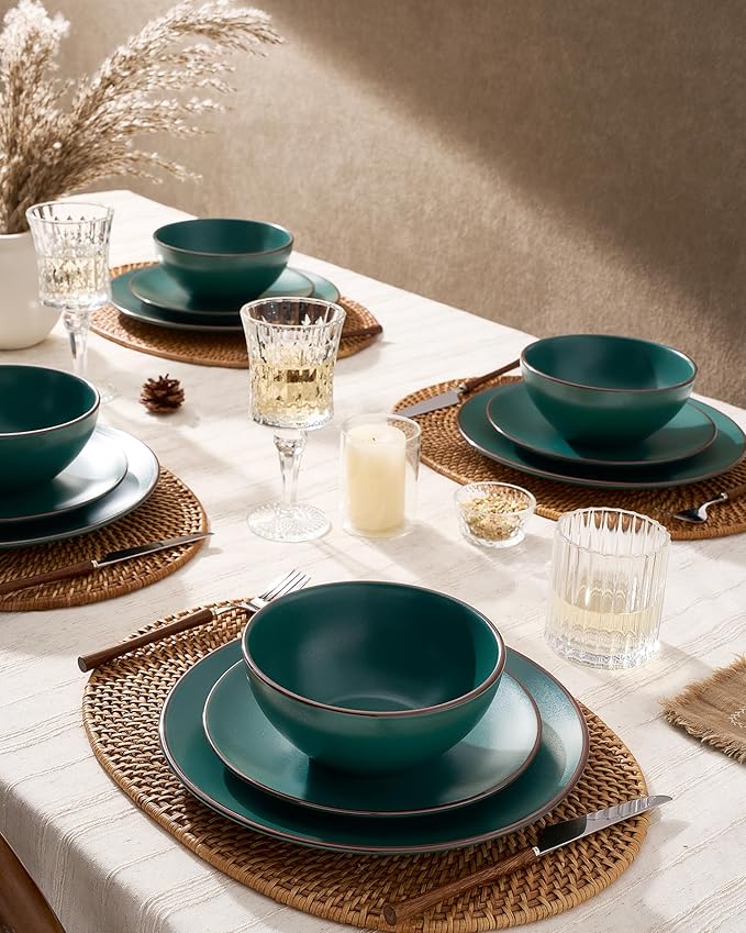 Famiware Venus Speckled Dinnerware Set with Pasta Bowls, Service for 4 (16 Pieces), Stoneware Plates and Double Bowls Sets, Microwave & Dishwasher-Safe Dishes with Trim, Matte Dark Green