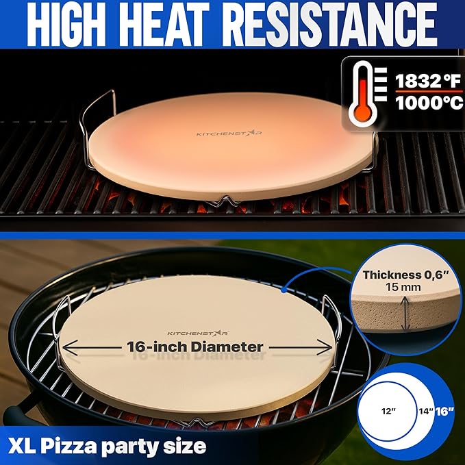 KitchenStar 16-inch Pizza Stone for Oven and BBQ Grill with Handles, Round, 5/8" Thick - Natural Cordierite, 1800 °F Resistant, Baking Stone Set with Stainless Steel Rack & Plastic Scraper Tool