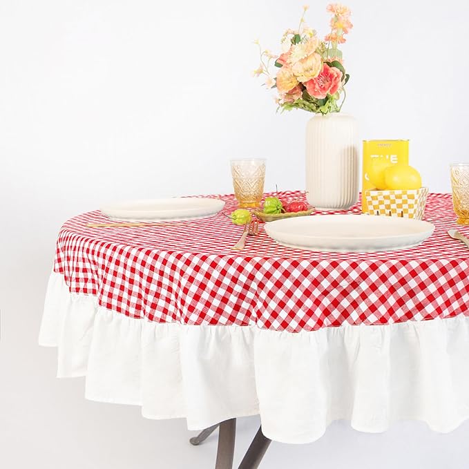 MONDAY MOOSE Gingham Checkered Farmhouse Rustic Ruffle Style Decoration Round Natural Stonewashed Cotton Tablecloth for Kitchen, Dining Room, Restaurant (60" Round, Red/White)