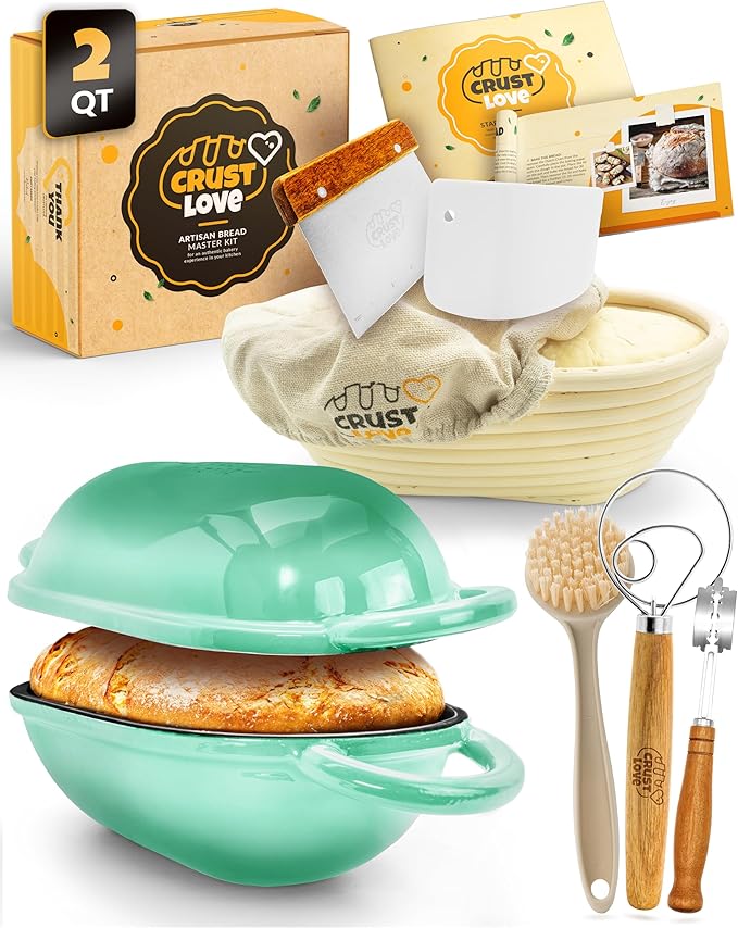Loaf Pan for Bread Baking - incl. Sourdough Bread-Baking Supplies like Banneton Bread-Proofing Basket - 2QT Enameled Oval Cast Iron Dutch Oven, Bread-Oven, Sour Dough Bread-Banking-Pan Tools