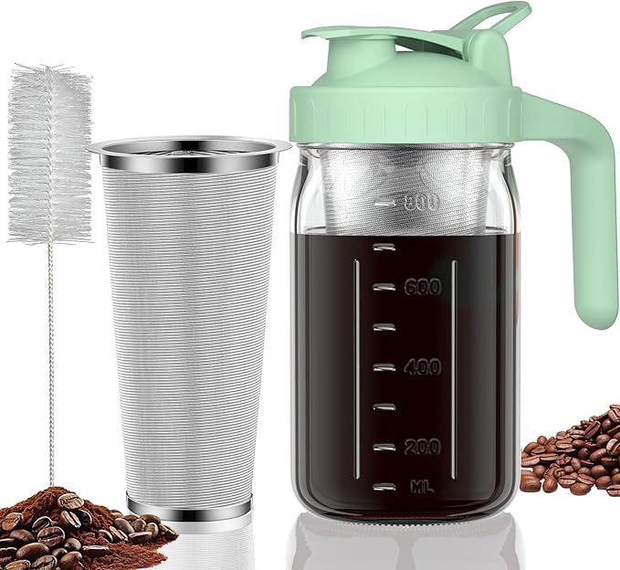 Cold Brew Coffee Maker Pitcher, 32 oz Thick Glass Mason Jar Spout Lid with Handle & Stainless Steel Filter for Iced Brew Coffee, Ice Lemonade, Sun Tea, Fruit Drinks Container