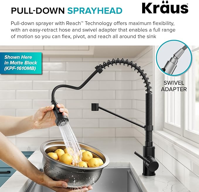 KRAUS Bolden 2-Function Single Handle Pull Down Kitchen Faucet, Commercial Style Stainless Steel/Chrome, KPF-1610SSCH
