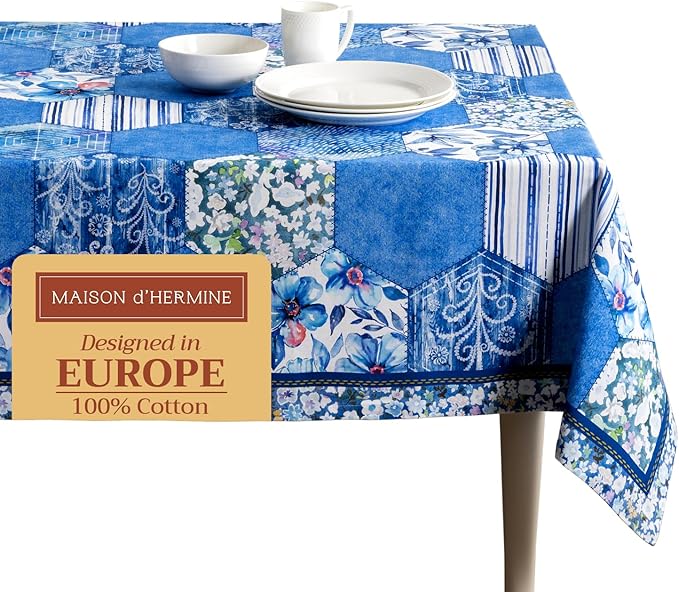 Maison d' Hermine Table Cloth Rectangle Table 100% Cotton 60 x 108 Inches Tablecloth Reusable Decorative for Dining Room Farmhouse Home Valentines Day Decorations Spring Summer - Summer Blues