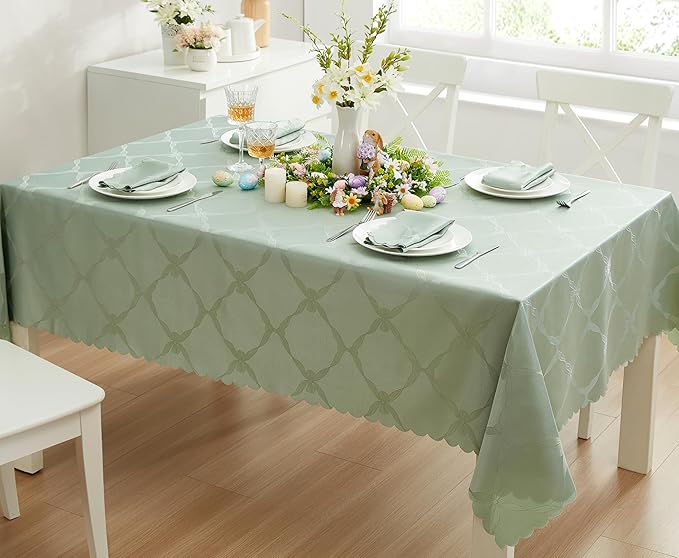 Newbridge Ribbons and Bows Damask Spring & Easter Holiday Fabric Tablecloth, Sage Green, 60 x 144 Inch Rectangle, Wrinkle & Stain Resistant Table Cover