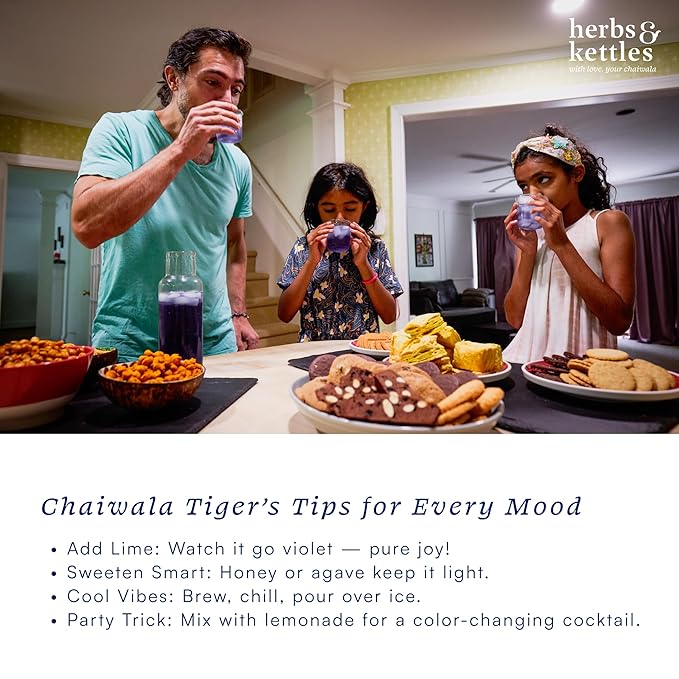 Herbs & Kettles Blue Chai – Caffeine-Free Herbal Chai Blend with Butterfly Pea Flower from India & Southeast Asia | Polyphenol-Rich Spices, Natural Vibrant Color | 12 Compostable Tea Bags