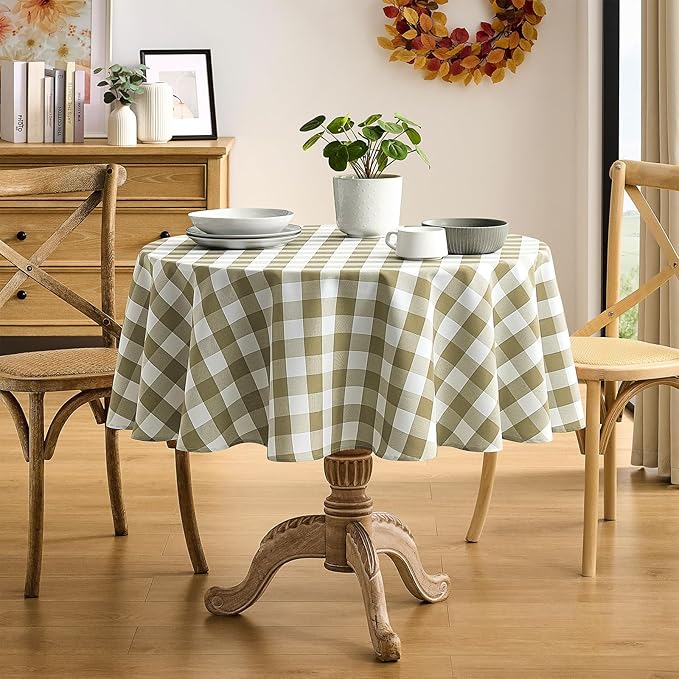 Checkered Tablecloth Rectangle Gingham Table Cloths Waterproof Wrinkle Free Buffalo Plaid Table Covers Washable for Dining, Parties & Outdoor Picnic(Khaki and White, 60" Round)