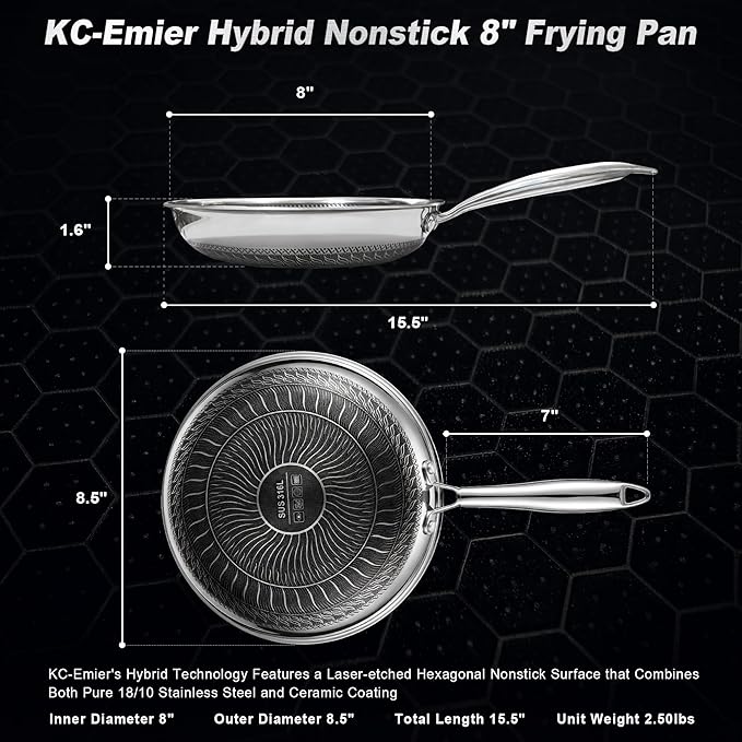 8 Inch Non-Stick Frying Pan Tri-Ply Stainless Steel Pan with Stay-Cool Handle Oven & Dishwasher Safe For Induction, Ceramic & Gas Stovetops