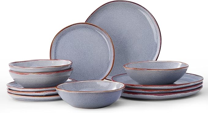 Bestone 12 Pieces Round Kitchen Dinnerware Sets，Plates and Bowls Sets,Dishes, Plates, Bowls, Dish Set, Chip Resistant Ceramic Dinnerware Set, Dishwasher/Microwave Safe,Service for 4,Reactive Blue