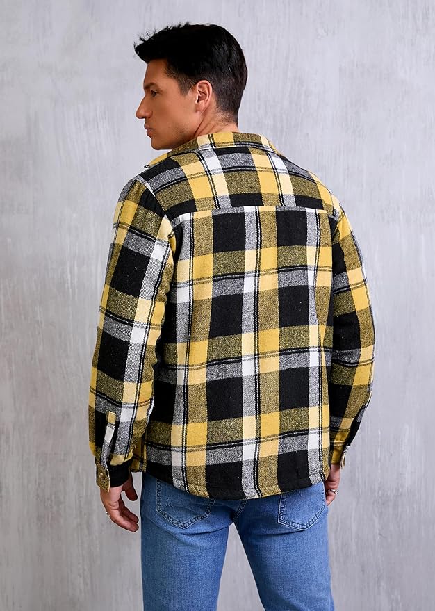 Men's Cotton Sherpa Lined Button Down Flannel Shirt Jacket Plaid Soft Outdoor Flannel Jacket Shirt