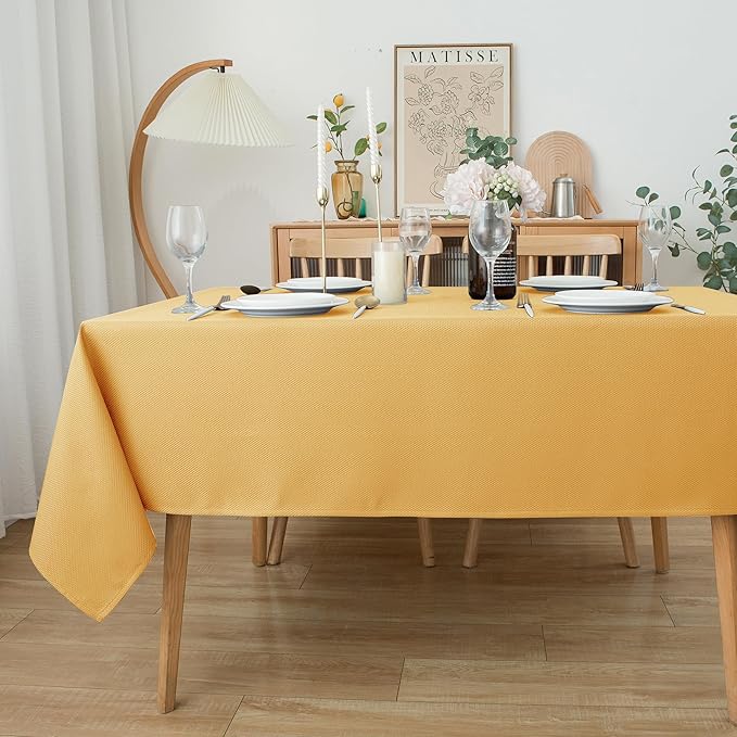 Biscaynebay Fall Tablecloth Textured Fabric 70x120 Inch Rectangular, Fall Gold Thanksgiving Autumn Harvest Water Resistant Fabric Tablecloths for Kitchen, Dining, Wedding, Parties Machine Washable