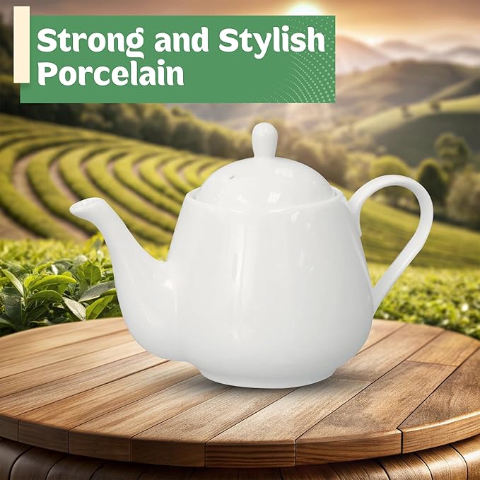 English Tea Store White Porcelain Teapot 2 Cup Raffles Small Ceramic Tea Pot for Loose Leaf Tea or Bags Modern White Teapots for Tea Party Durable Elegant Teapot Ceramic Teapot with Strainer