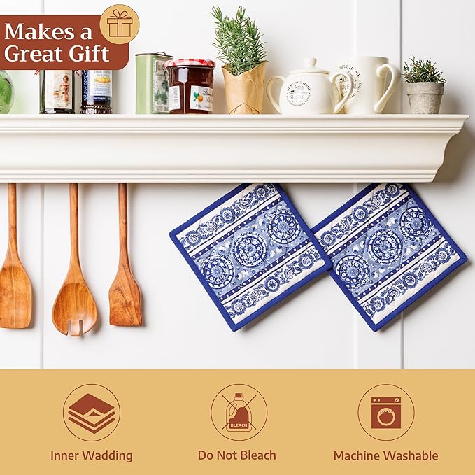 Maison d' Hermine Pot Holders 100% Cotton Heat Resistant Potholders 8" x 8" Hot Pads with Loop BBQ, Cooking, Baking, Grilling, Kitchen, Handling Hot Pans Spring/Summer (Pack of 1, Melodie Bleue)