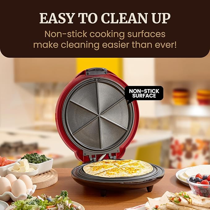 Elite Gourmet 11" Cheesy Quesadilla Maker, 2-Position Locking Latch For Extra Stuffing, Easy-Slice 6-Wedge, Red