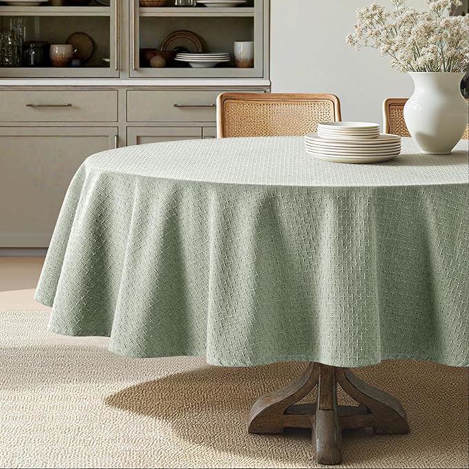 MIULEE Sage Green Linen Cotton Table Cloth Round Tablecloth Spring Waterproof Spillproof Cross-Star Textured Table Cltoth Decorative Farmhouse Style for Dining Party Weddings 60 Inch