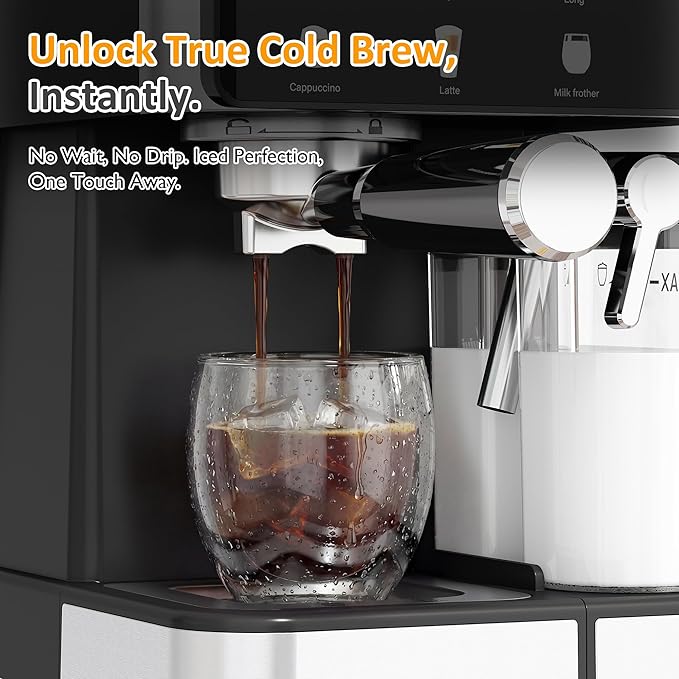 SUNVIVI Espresso Machine with Cold Brew, All-in-one Iced Coffee Maker with Automatic Milk Frother, LED Touchscreen, 51OZ Water Tank, Pressure Coffee Machine for Latte, Cappucinno, Self-clean, Black