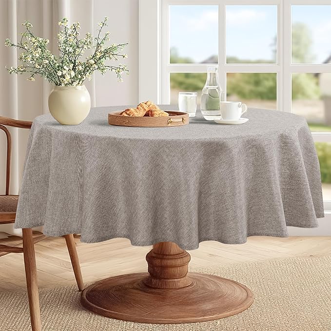 JIUZHEN Faux Linen Round Tablecloths 102 inch, Decorative Wrinkle Free Texture Rustic Circle Table Cloth Cover for Kitchen, Dining, Party, Wedding, Outdoor Use (102 Inch Round,Stone)