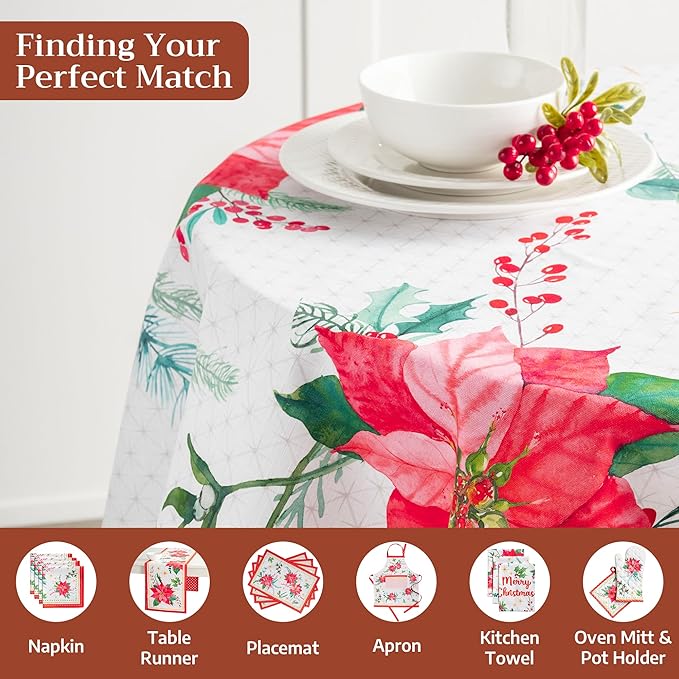 Maison d' Hermine Table Cloth Round Table 100% Cotton 69 Inches Fall Tablecloth Reusable Everyday Use for Thanksgiving Christmas Decorations Dining Farmhouse Party (Poinsettia Christmas)