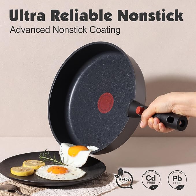 SENSARTE 17 Piece Pots and Pans Set, Nonstick Detachable Handle Cookware Set, Induction Thermo-Signal Cookware Set with Removable Handle, Healthy Non Stick for RV, Dishwasher ＆ Oven Safe (Black)