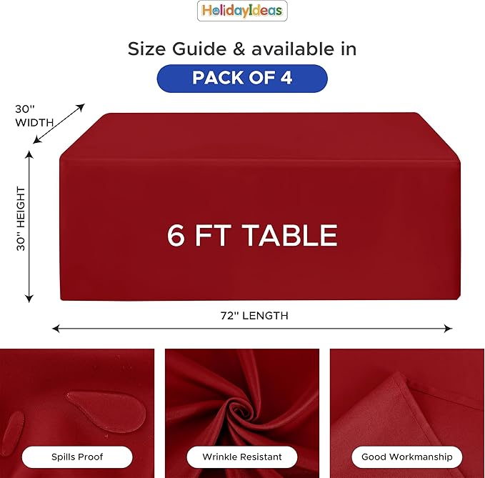 HolidayIdeas 4-Pack Red Fitted Table Cloths for 6 Foot Tables, Water Repellent Rectangle Table Covers for Valentine's Day Decor, Mother's Day, Wedding, Anniversary, and Party Celebration